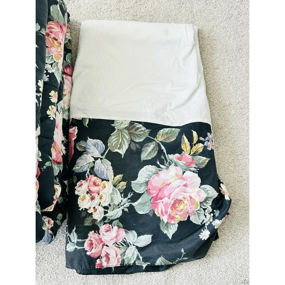 Vtg Croscill Francesca Queen Bedding Set Comforter Sheets Shams Skirt Black Rose